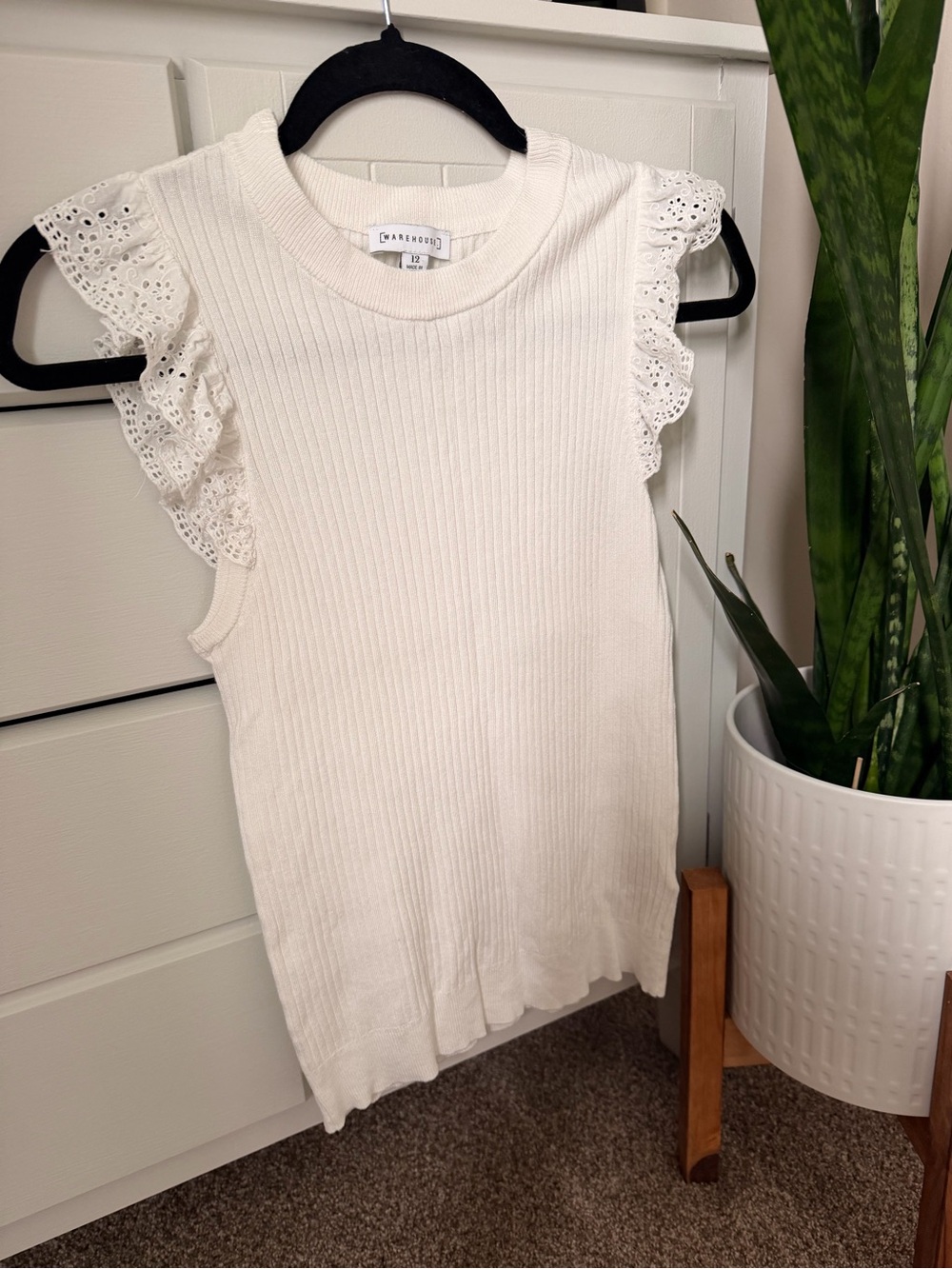 Warehouse White Ribbed Tank with Eyelet Ruffle Sleeves